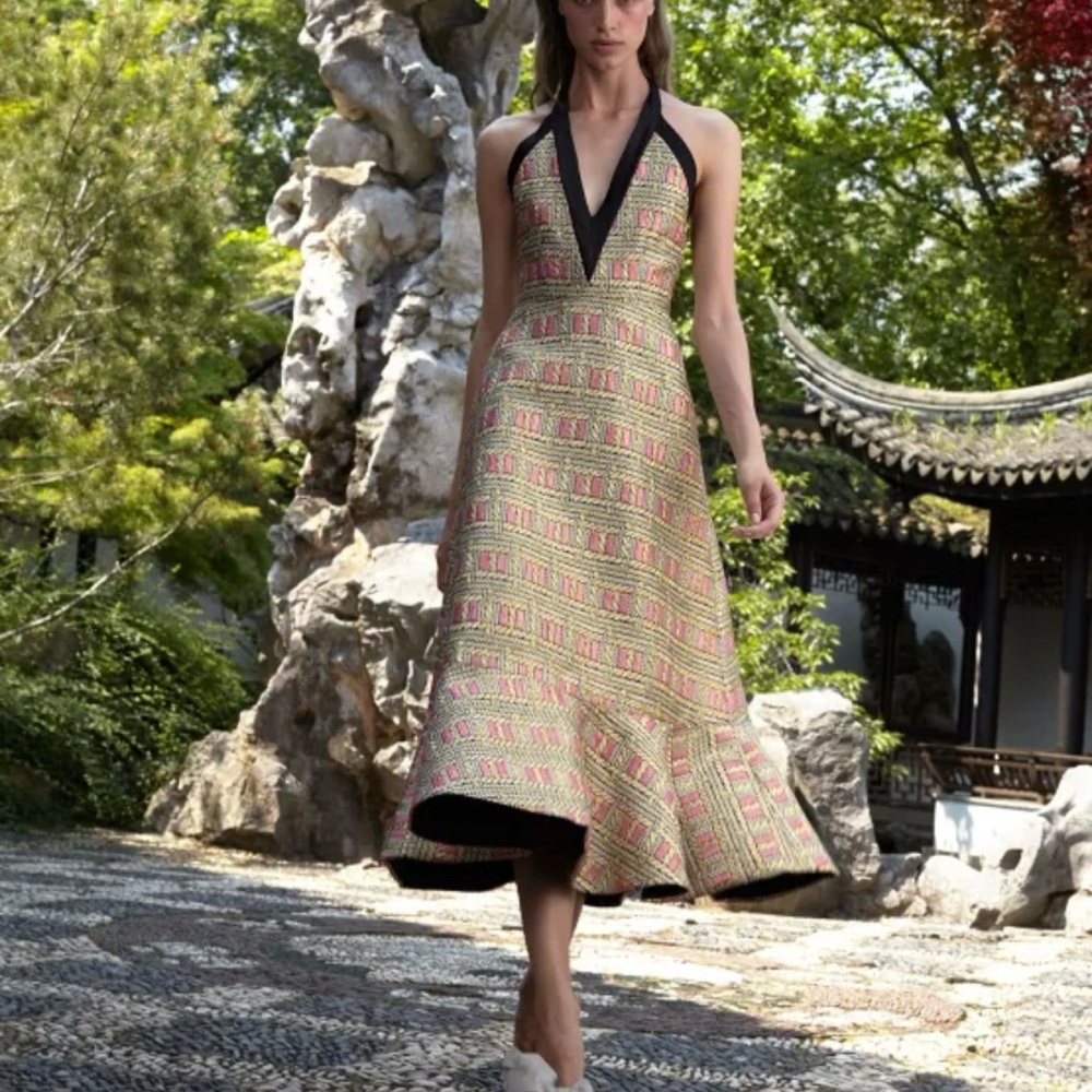 Cynthia Rowley NWT Bonfire Gold/ black and Pink Halter Dress.